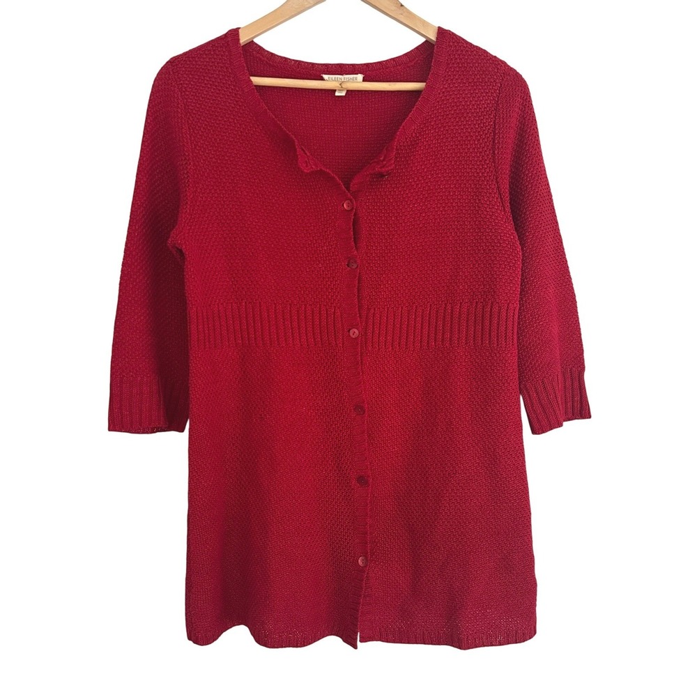 Eileen Fisher 100% Hemp Italian Yarn Cardigan Sweater Petite Medium PM red *Flaw
